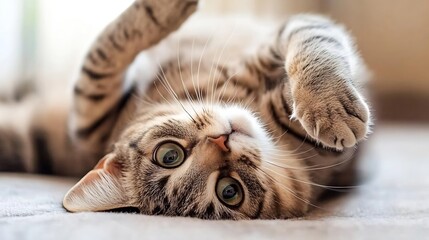 Aufkleber - Adorable playful tabby cat rolling on its back showcasing its fluffy belly and curious green eyes : Generative AI