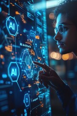 Poster - Focused professional interacting with an illuminated futuristic AI interface