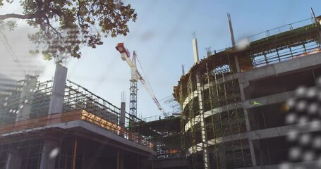 Poster - Text overlaying animation of cranes and scaffolding at construction site