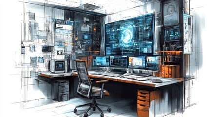 Modern Technology Workspace with Multiple Screens and Tech Details