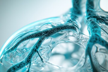 Poster - Abstract biological neural network structure with transparent blue mesh representing complex scientific systems, data flow, and futuristic organic connectivity, Generative AI