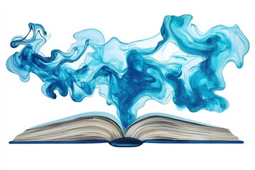 Aufkleber - Abstract blue smoke emerging from open book symbolizing imagination, creativity, and magical storytelling in a dreamlike artistic fantasy concept, Generative AI