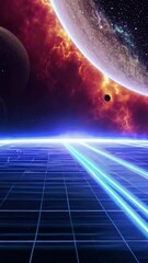 Wall Mural - vertical 9:16 A glowing neon bridge connects massive floating planets in deep space. The bridge pulses with blue and purple light, reflecting the swirling nebula in the background