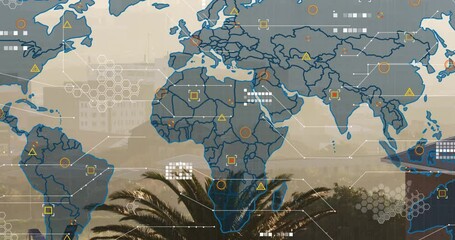 Poster - World map with data processing animation overlaid on urban landscape with palm trees