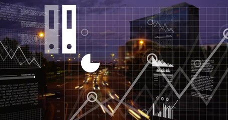 Poster - Animation of data visualization graphics overlaying cityscape with blurred traffic lights