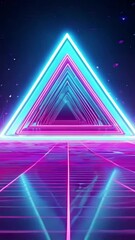 Wall Mural - vertical 9:16 A glowing holographic pyramid floats in a dark void, its layers shifting and pulsing with neon pink, green, and blue light. Abstract futuristic aesthetic