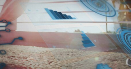 Poster - Digital graphs and charts animation over outdoor landscape with sunlight