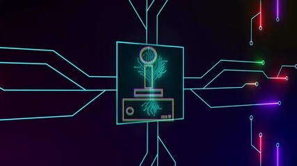 Poster - Animation of futuristic neon circuit with central symbol and branching lines