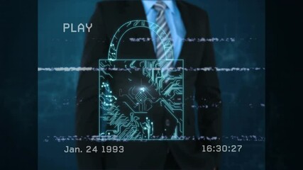 Poster - Businessman with digital lock animation over glitchy video timestamp and play icon
