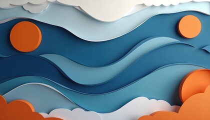 Leinwandbilder - Abstract layered paper cut background in blue, white, orange colors. Modern design features smooth wave patterns, geometric shapes and circles. Digital art composition, ideal for wallpaper, banner.