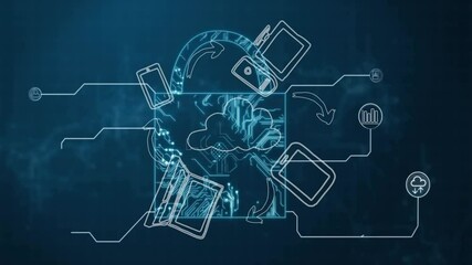 Poster - Animation of digital lock with cloud computing symbols and data flow technology