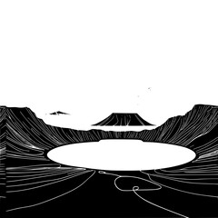 Poster - Abstract vector landscape with mountains and circular valley, single line outline drawing 