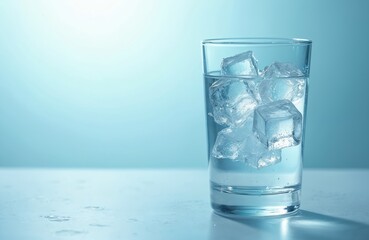 Poster - Glass water with ice cubes. Refreshing beverage. Transparent glass, pure, clean liquid, cold, fresh. Drink for hydration, thirst. Blue backdrop, white table, condensation.