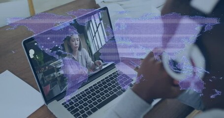 Poster - Laptop displaying virtual meeting with global network animation in home office