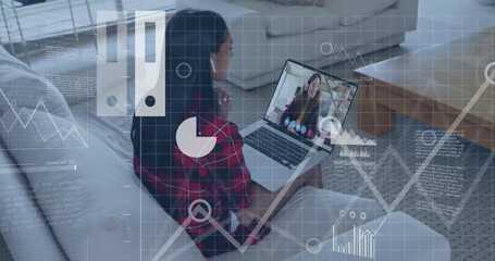 Poster - Video chatting on laptop, woman with animation of data analytics in school