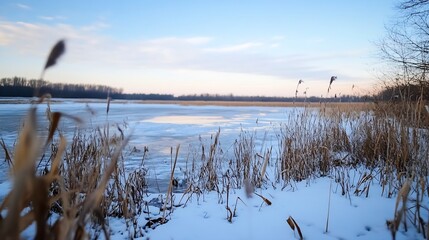Poster - Frozen lake landscape with reeds in the foreground and a calm winter sky reflecting on the icy surface : Generative AI