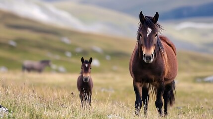 Aufkleber - Majestic horses with a foal walking through a serene landscape of grass and rolling hills : Generative AI