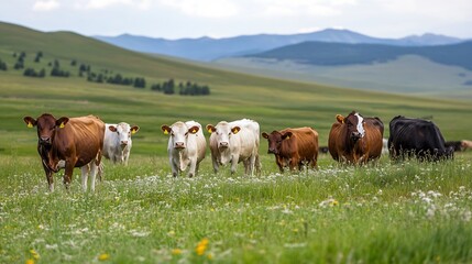 Poster - Group of cows grazing together in lush green field with mountains in the background : Generative AI