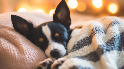 Aufkleber - Adorable sleeping dog wrapped in a cozy blanket with soft glowing lights in the background : Generative AI