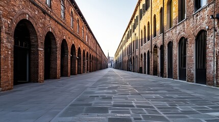 Aufkleber - Charming Old Brick Buildings Line Quiet Alleyway Bathed in Warm Morning Light : Generative AI
