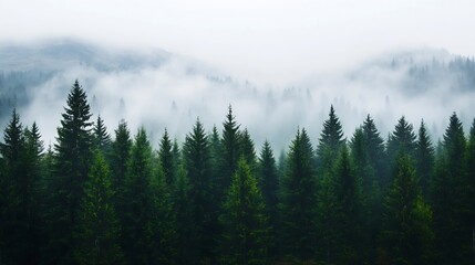 Aufkleber - Dense Evergreen Forest Covered in Misty Fog with Majestic Mountains in the Background : Generative AI