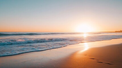 Aufkleber - Stunning sunset over a calm ocean gently lapping at a serene sandy shore : Generative AI