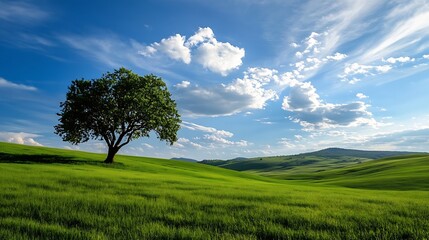 Poster - Lone tree standing majestically in a vibrant green field under a picturesque sky full of clouds : Generative AI