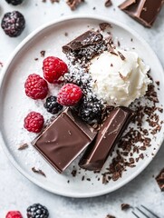 Aufkleber - Delicious Dessert Plate featuring Chocolate Ice Cream and Fresh Berries for a Tempting Treat : Generative AI