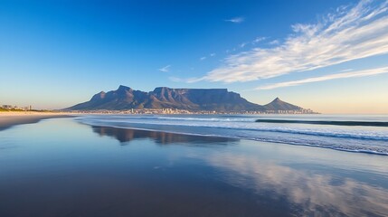 Leinwandbilder - Scenic Reflection of Table Mountain in Calm Waters at Dawn with Soft Clouds : Generative AI