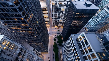 Aufkleber - Aerial view of modern city streets surrounded by tall buildings showcasing urban life : Generative AI