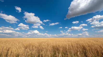Leinwandbilder - Vast golden wheat field under a bright blue sky with fluffy white clouds in the background : Generative AI