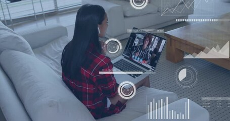 Poster - Watching animation with data analytics overlay, woman using laptop in living room