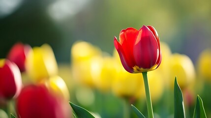 Poster - Closeup of vibrant red tulip standing out among colorful yellow tulips in a sunlit garden : Generative AI
