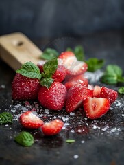 Poster - Fresh strawberries with mint leaves sprinkled with sugar placed on a textured dark surface for a delicious treat : Generative AI