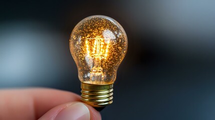 Poster - Glowing vintage light bulb with golden glitter sparkles on blurred background, creative innovation concept for business and technology solutions.