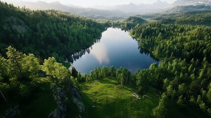 Poster - Aerial view of a tranquil lake surrounded by lush green trees in a peaceful forest landscape : Generative AI