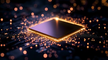 Poster - Glowing computer processor chip with orange light particles and bokeh effects on dark background, modern technology concept for semiconductor industry.