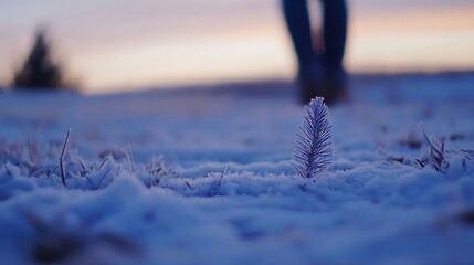 Poster - Frosty Ground with a Lonely Pine Sprout and Silhouetted Figure Walking Away at Sunset : Generative AI