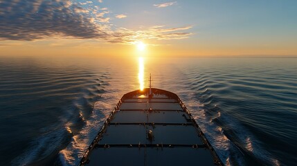 Poster - Cargo ship sailing on a calm ocean at sunset with golden reflections on the water surface : Generative AI