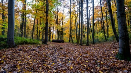 Poster - Breathtaking autumn forest scene with vibrant orange foliage and fallen leaves covering the ground : Generative AI