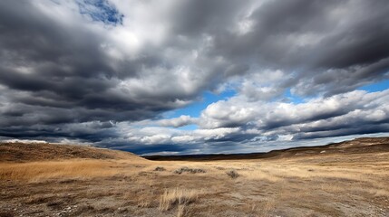 Poster - Expansive landscape view showcasing dramatic clouds and golden grass under a vibrant sky : Generative AI