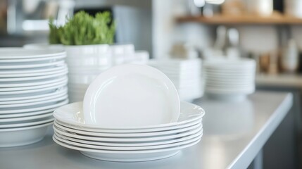 Aufkleber - Stacked white plates in a modern kitchen setting ready for serving delicious meals : Generative AI