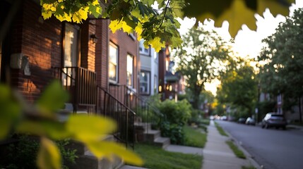 Aufkleber - Charming residential street bathed in warm evening light with vivid green leaves framing the scene : Generative AI