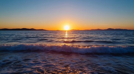 Leinwandbilder - Stunning sunset over a tranquil ocean with gentle waves reflecting the warm golden hues of the evening sky : Generative AI