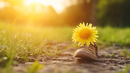 Aufkleber - Boot with Bright Yellow Flower in Natural Setting Captured During Golden Hour : Generative AI