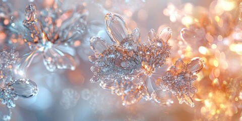 Poster - A stunning close-up of intricate ice crystals shining in soft light. The image captures delicate patterns and a beautiful blend of colors. An artistic representation of winter magic. AI
