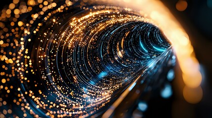 Poster - glowing spiral tunnel with golden and blue light particles creating dynamic motion effect against da