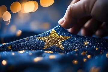 Poster - Glowing golden star on dark blue glitter surface with bokeh lights and magical sparkles in dreamy holiday atmosphere. Finger touching decorative element.
