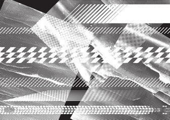 Aufkleber - Glitch distorted grunge layer . Noise destroyed texture. Checkered race grunge flag . Overlay grunge texture .Distressed effect .Vector shapes with a speed lines and tire tracks screen print texture.