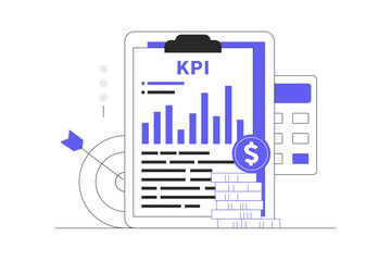 Poster - Performance evaluation and dynamics on dashboard, Strategy, Data Report, Efficient workflow, Business intelligence. KPI, Key performance indicators business technical. Flat Cartoon Vector Illustration